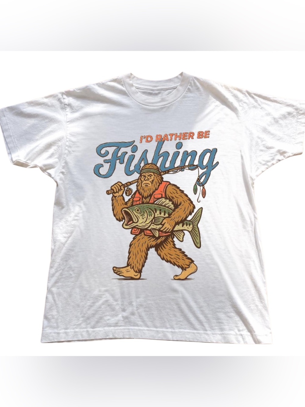 White 'I'd Rather Be Fishing' Graphic Tee with Bigfoot Fisher Design